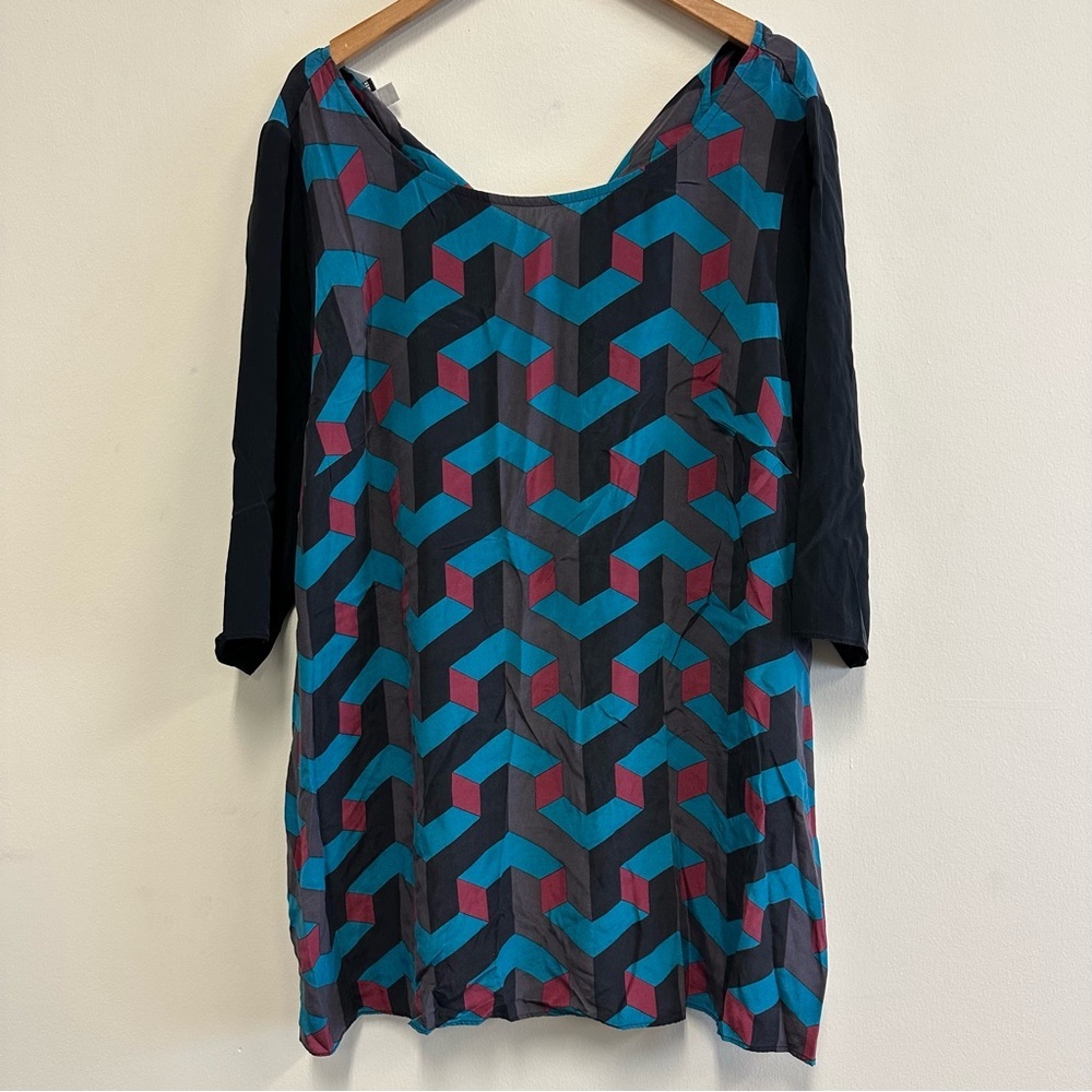 Anna Scholz 100% Silk Teal and Burgundy Geometric Print Dress
